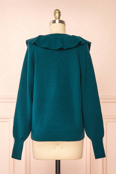 Miaro Teal Ruffled V-Neck Knit Sweater | Boutique 1861 back view
