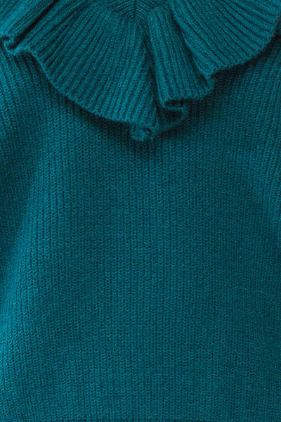 Miaro Teal Ruffled V-Neck Knit Sweater | Boutique 1861 fabric