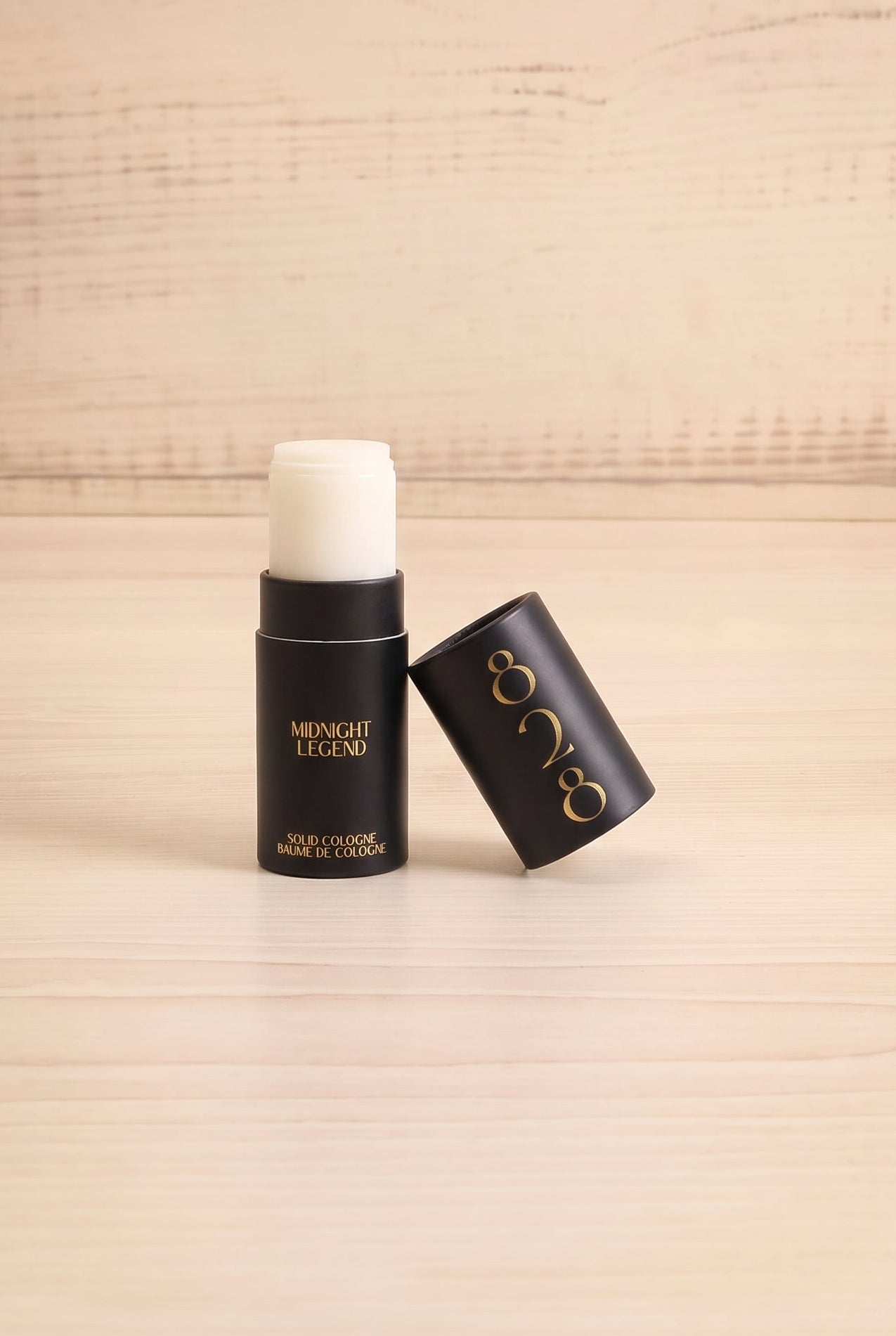 Front view of the Midnight Legend solid perfume by 828 Aroma open, handmade in Canada and available at Maison Garçonne.