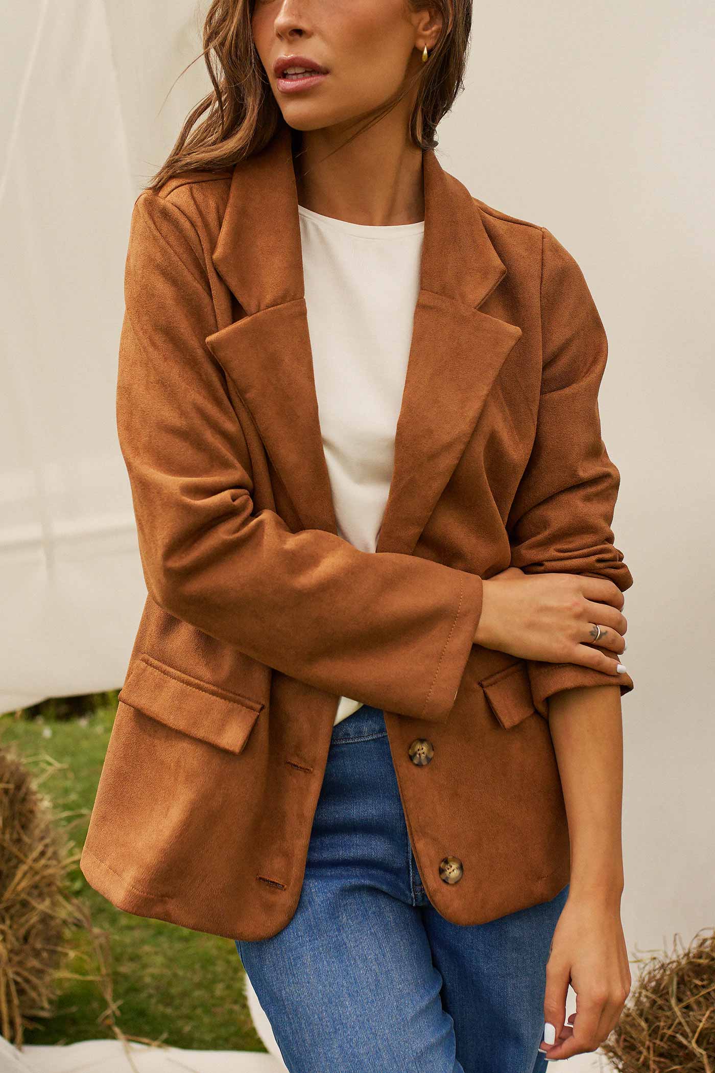 close-up of a woman wearing Miley Blazer Caramel Faux Suede by Dailystory from La petite garçonne