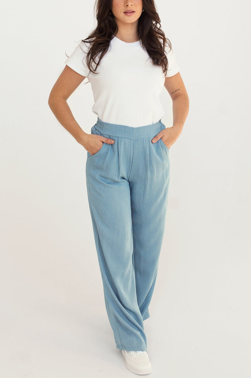 Dailystory Mimy Blue High-Waisted Linen Pants | La petite garçonne model front