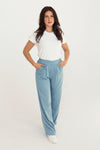 Mimy Blue High-Waisted Linen Pants | La petite garçonne model front
