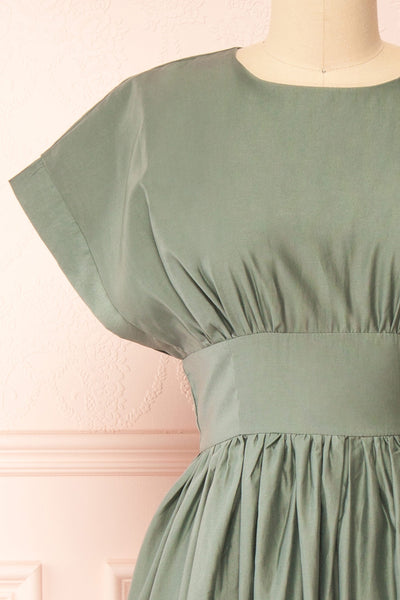 Miriel Sage Midi Dress w/ Short Sleeves | Boutique 1861 front close-up