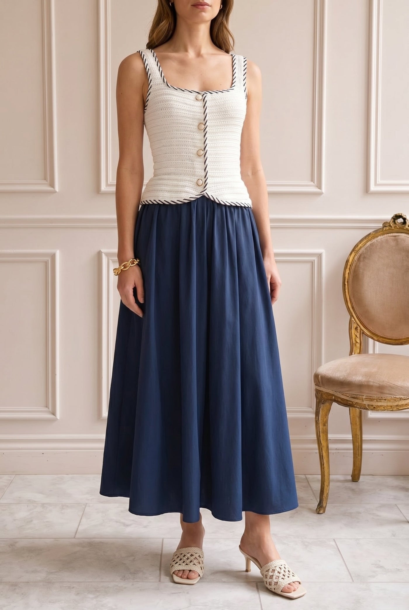 model wearing Barauni  Navy Blue Maxi Dress in White Knit Top at la petite garçonne
