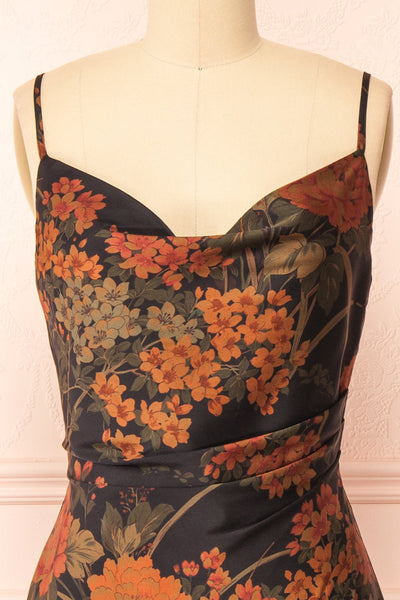 Myrtana Cowl Neck Floral Satin Slip Dress | Boutique 1861 front close-up