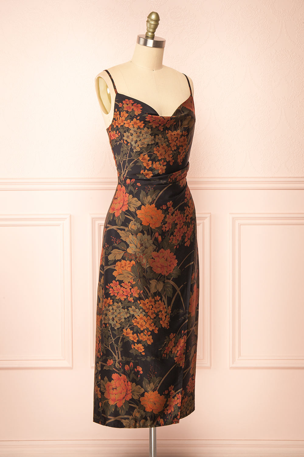 Myrtana Cowl Neck Floral Satin Slip Dress | Boutique 1861 side view