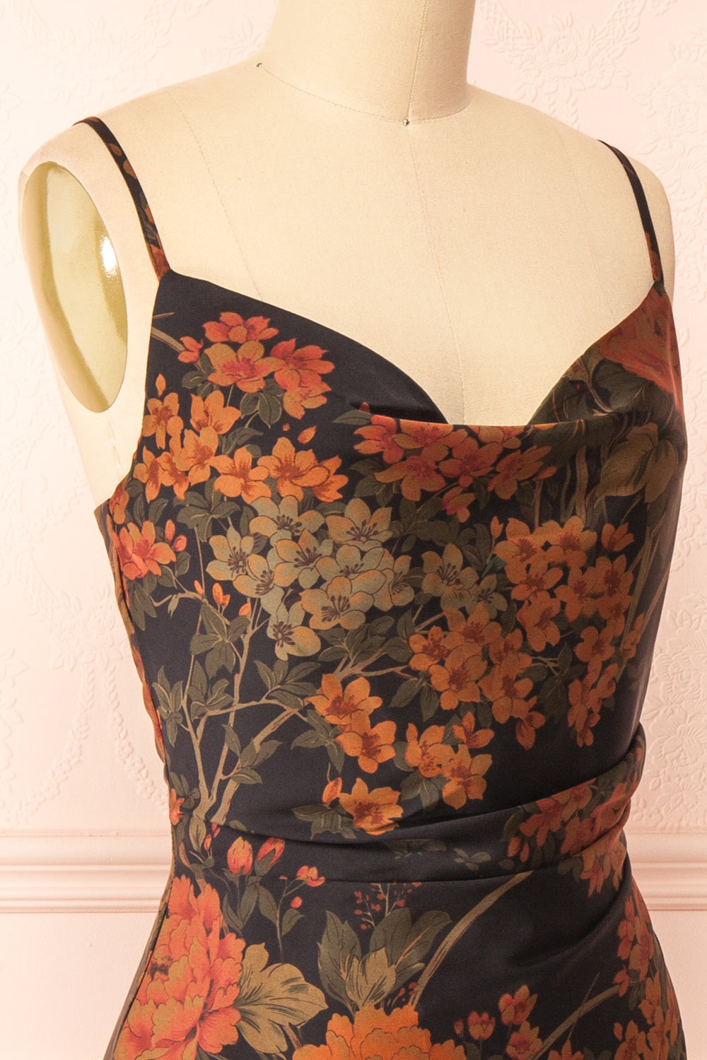Myrtana Cowl Neck Floral Satin Slip Dress | Boutique 1861 side close-up