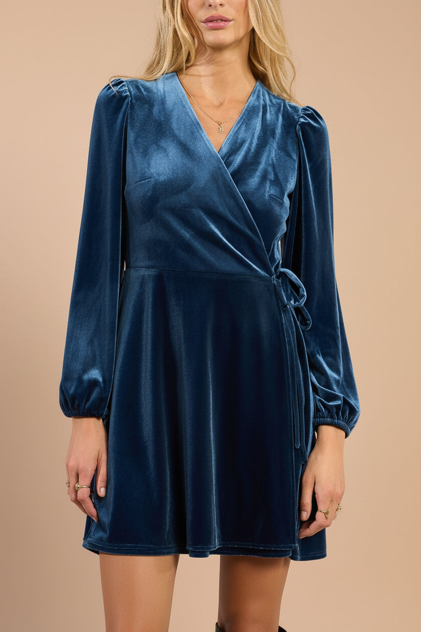 Nabintou Blue Velvet Wrap Dress | Boutique 1861 fornt model