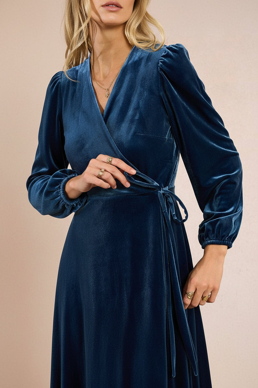 Nabintou Blue Velvet Wrap Dress | Boutique 1861 close-up model