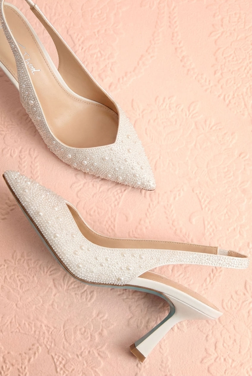 Top view of the White high-heeled shoe Nadyna from Betsey Johnson with a slingback design at boutique 1861