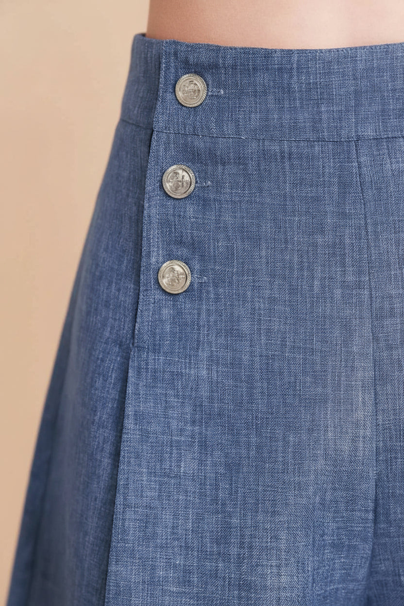 Nagaon Blue Wide-Leg Pants with Silver Buttons | La petite garçonne  close-up details