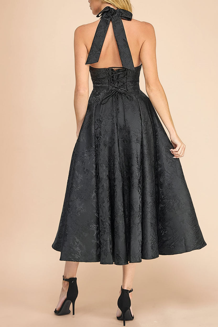 Nedjima Black Midi Jacquard Dress with Halter Neck and Pockets