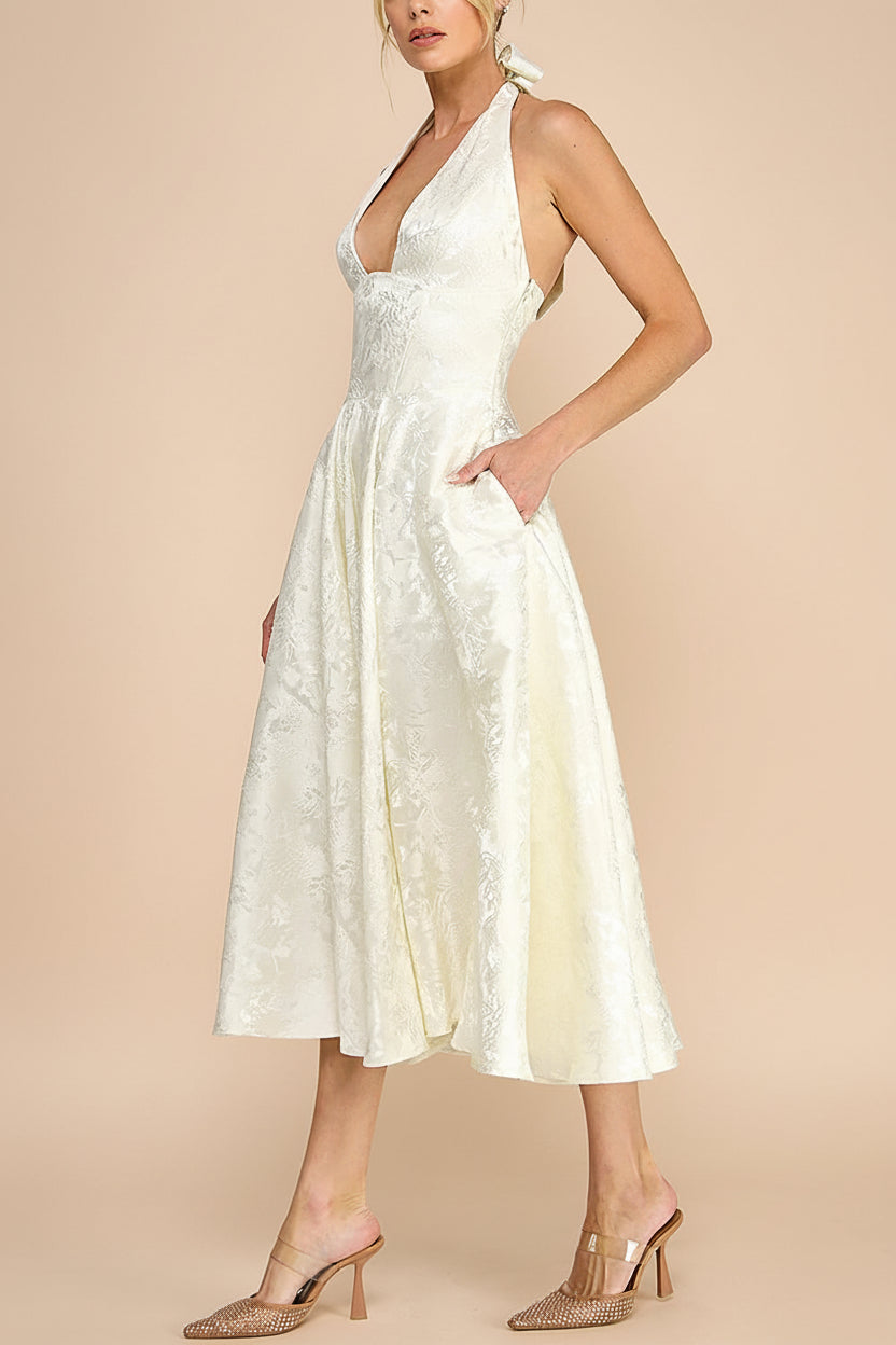 Nedjima Ivory Midi Jacquard Dress with Halter Neck and Pockets