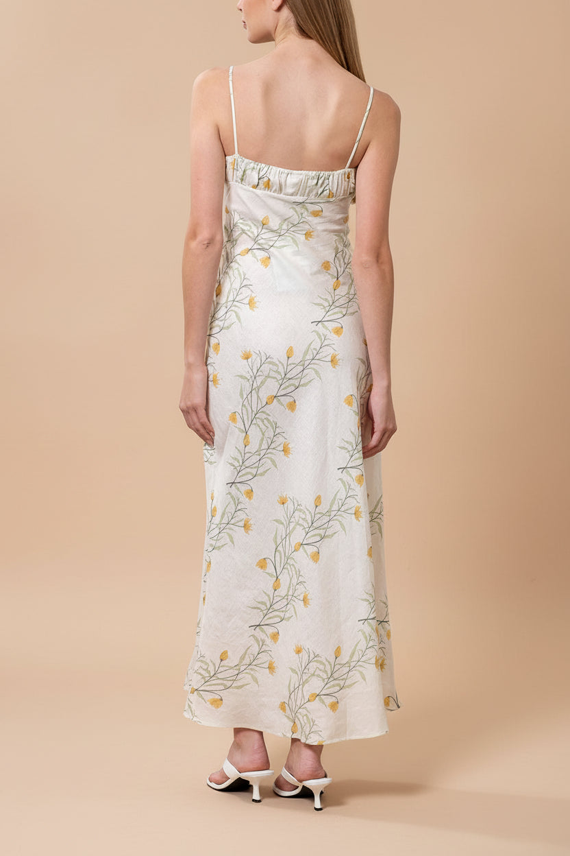 back of a woman wearing Nevan Ivory Floral Midi Dress with Front Tie Detail from Boutique 1861