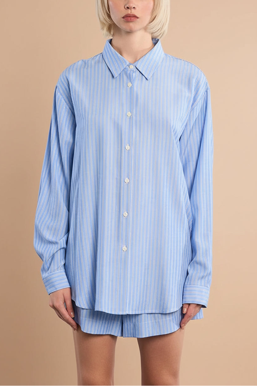 woman wearing Nogales Oversized Striped Blue Shirt  open from la petite garçonne
