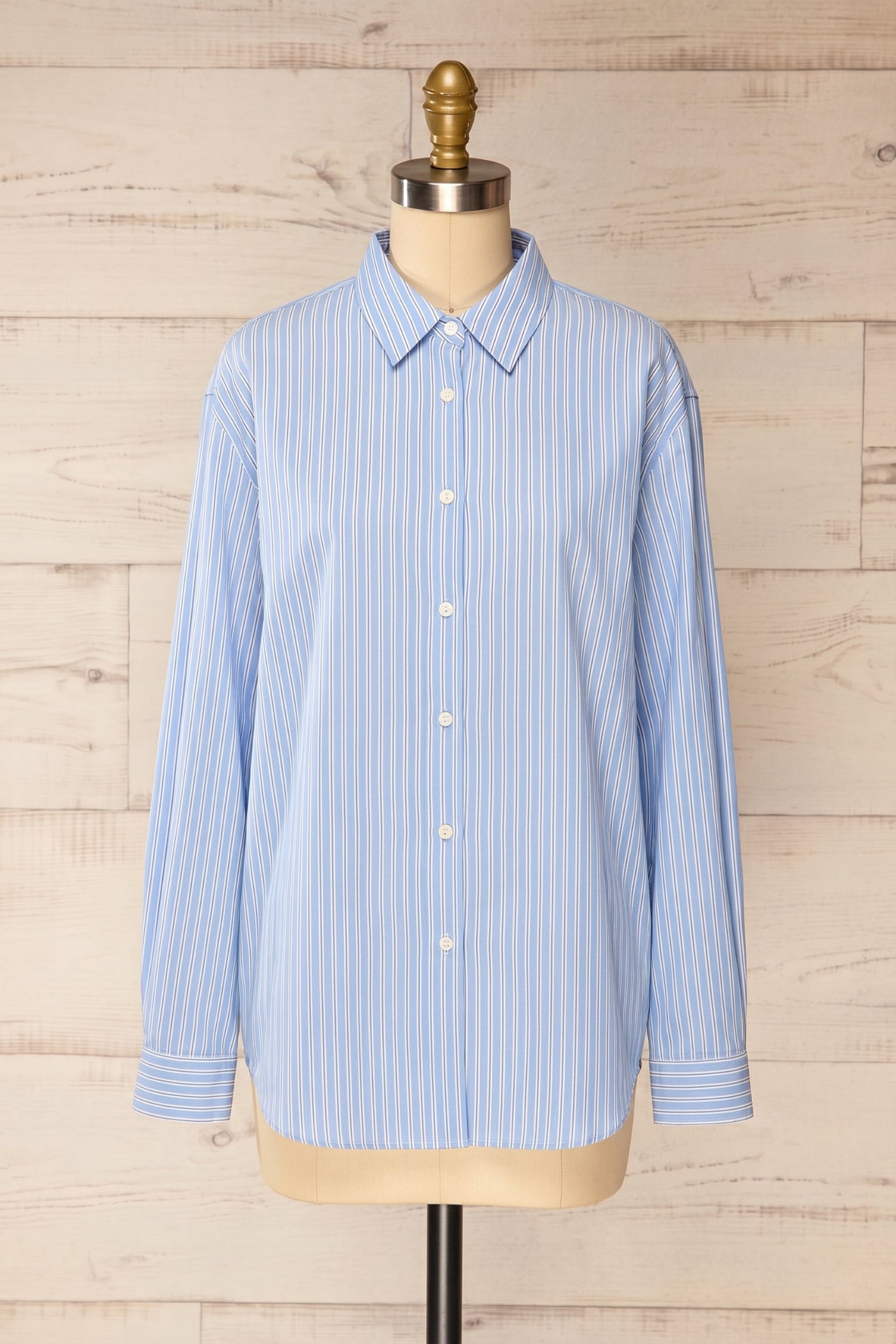 Frontview of Nogales Oversized Striped Blue Shirt from la petite garçonne