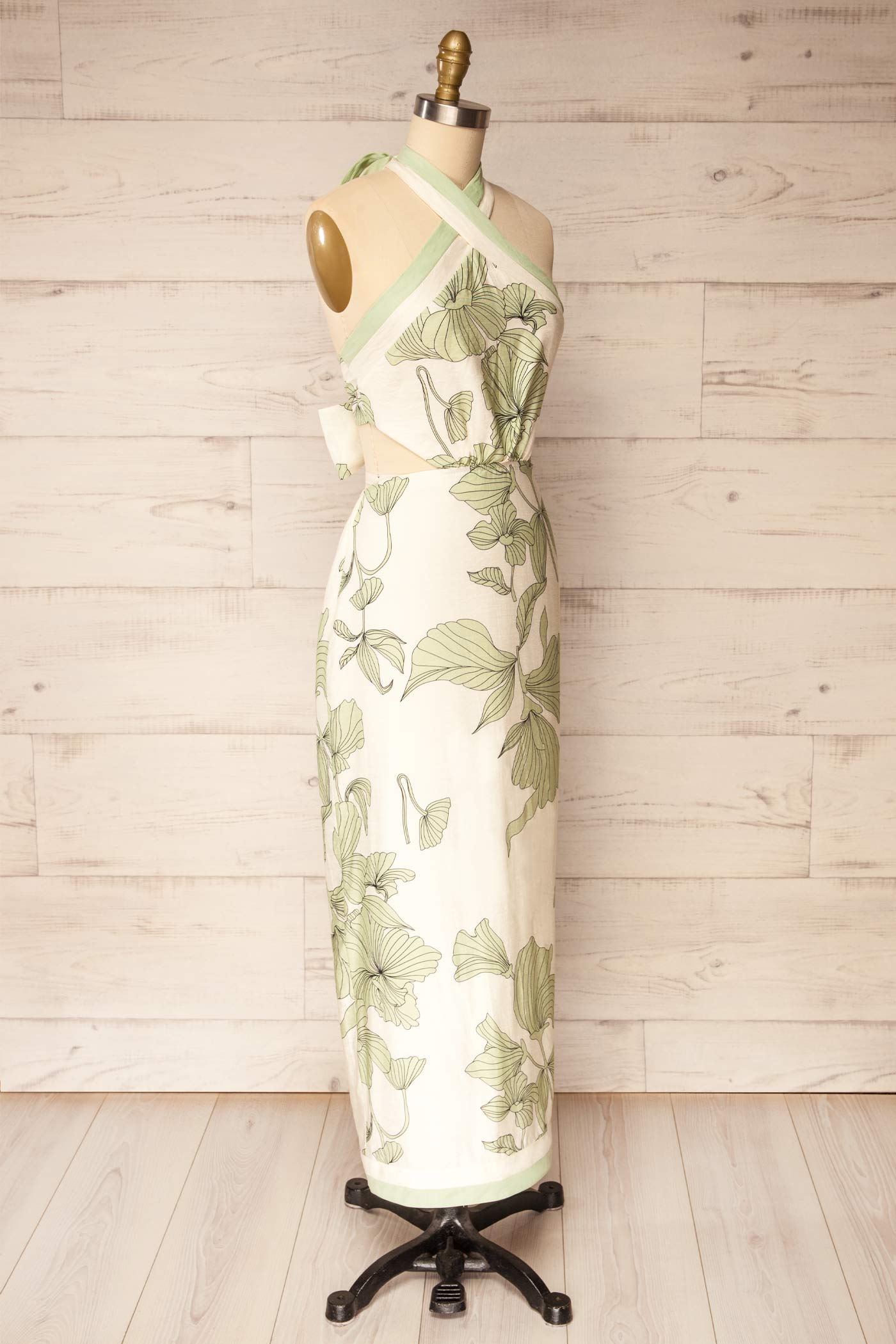 Nadiah White Botanical Print Halter Midi Dress with Waist Cutouts and Slit | La petite garçonne side view