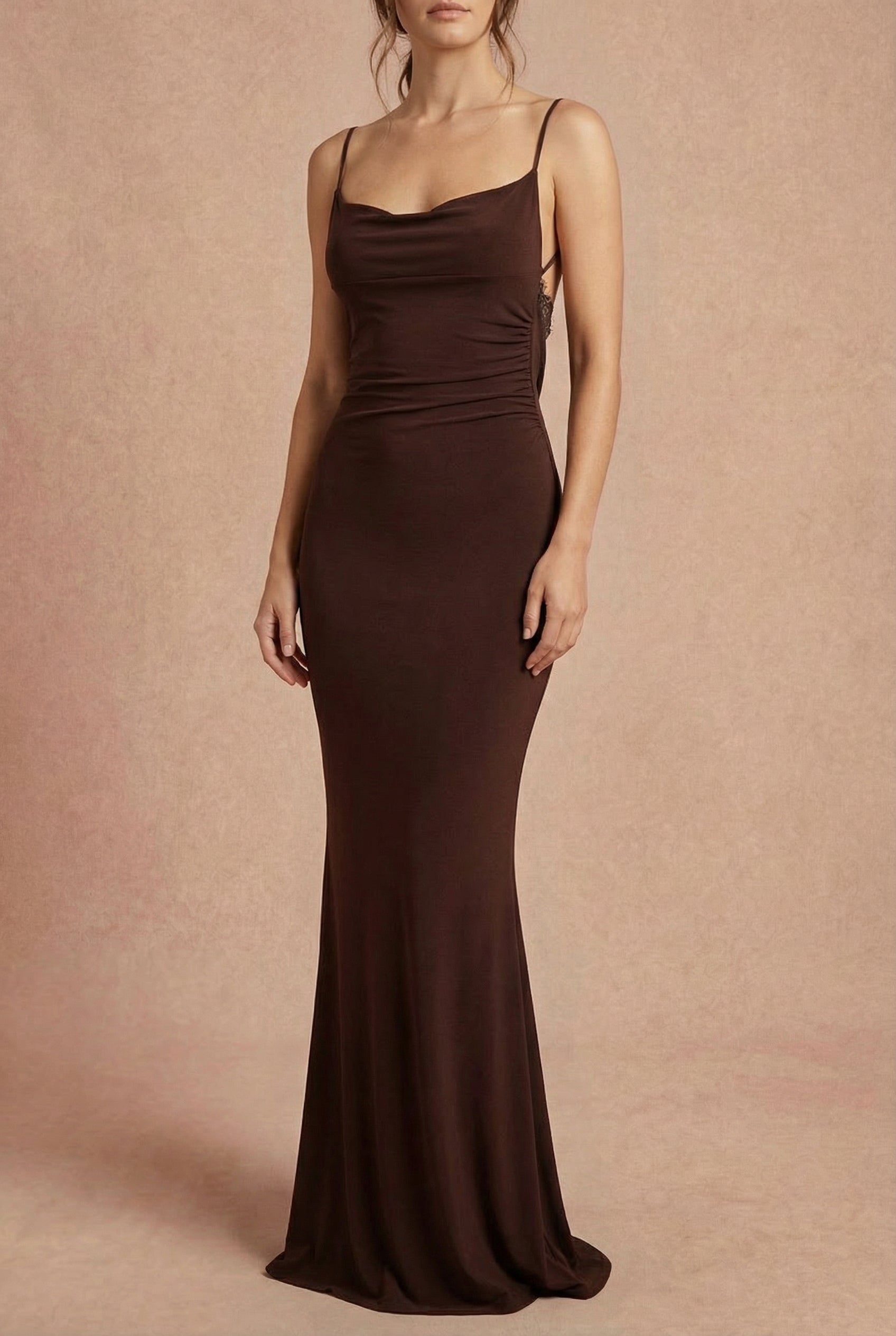 woman wearing Nayla Brown Mermaid Maxi Dress with Open Back from La petite garçonne 