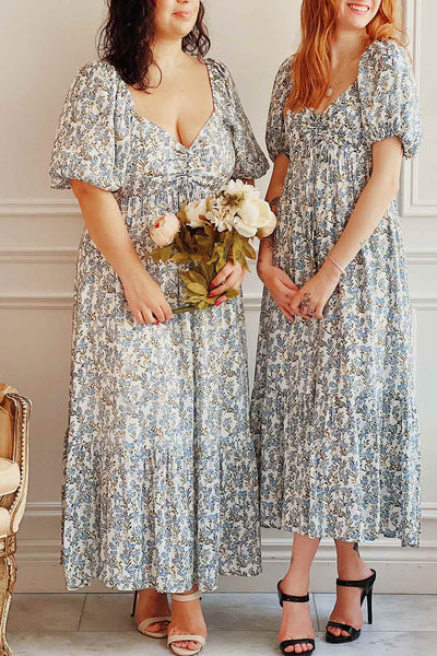 Nedda Blue Floral Maxi Dress with Puffy Sleeves | Boutique 1861 on model