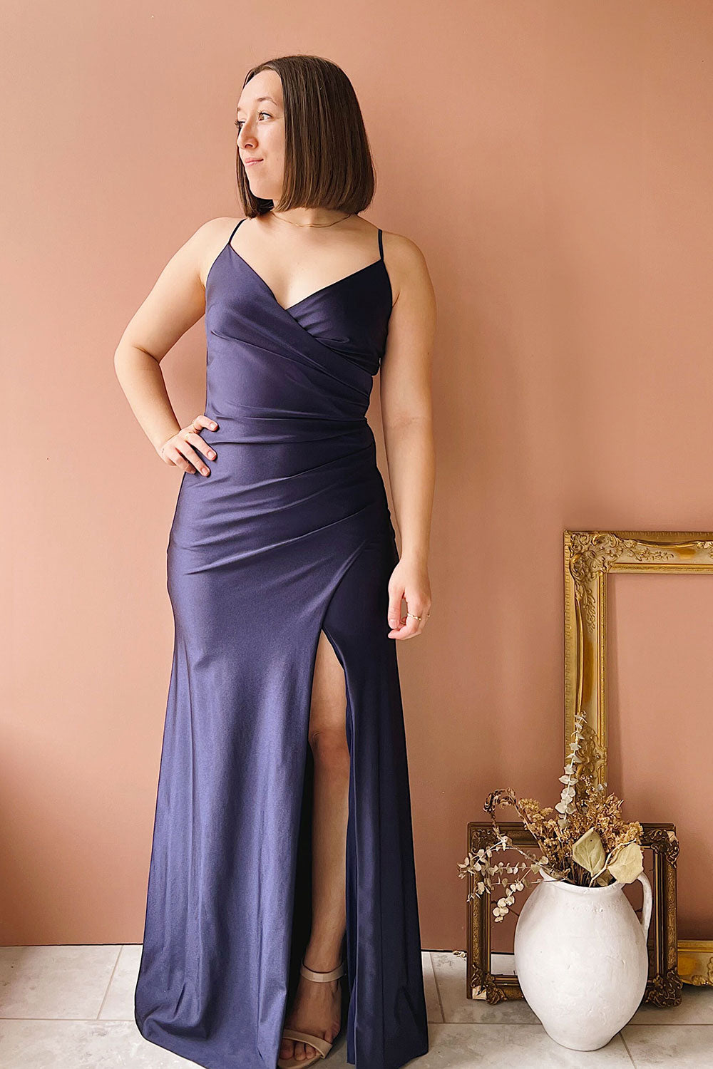 Nyra Navy Mermaid Dress w/ Wrapped Bodice | Boutique 1861 model