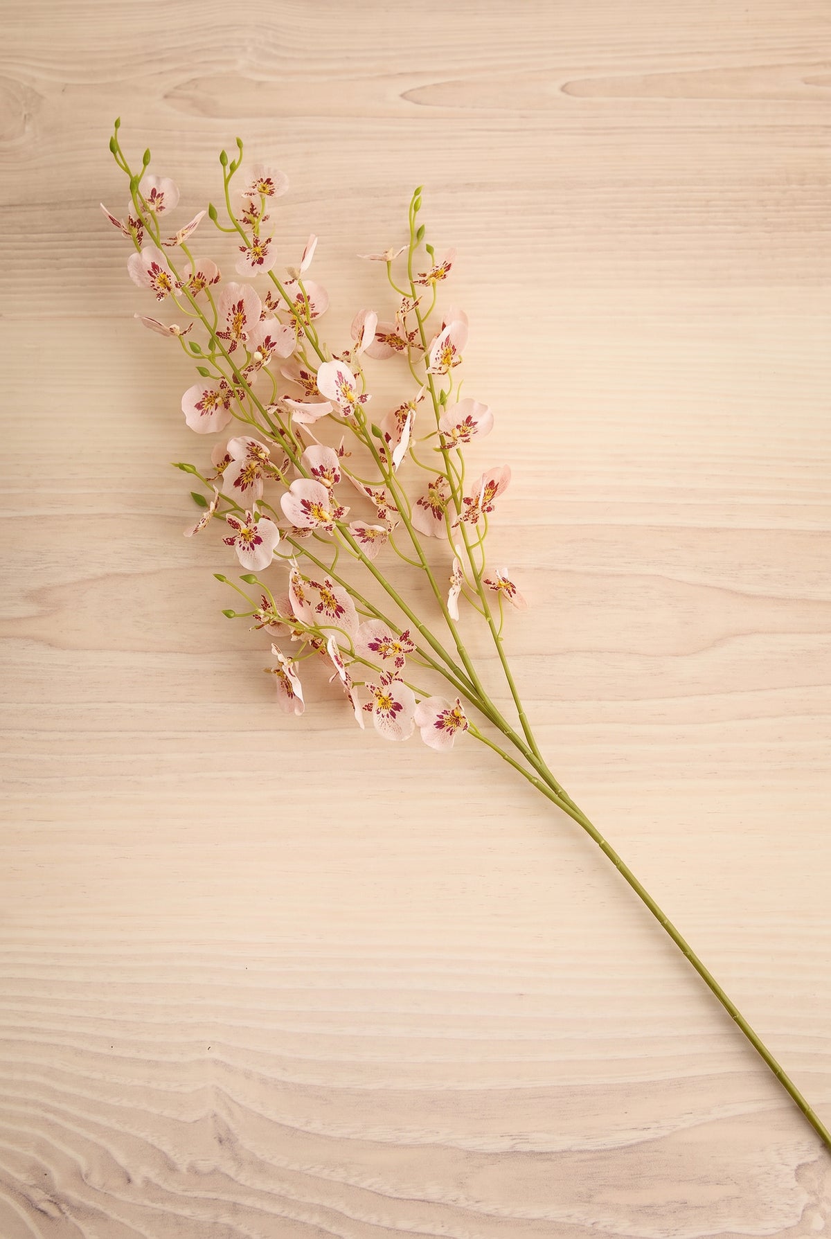 A bouquet of artificial light pink wild orchid spray flowers with green stems, arranged diagonally on a light beige wood-grain surface at la maison garçonne in montreal.