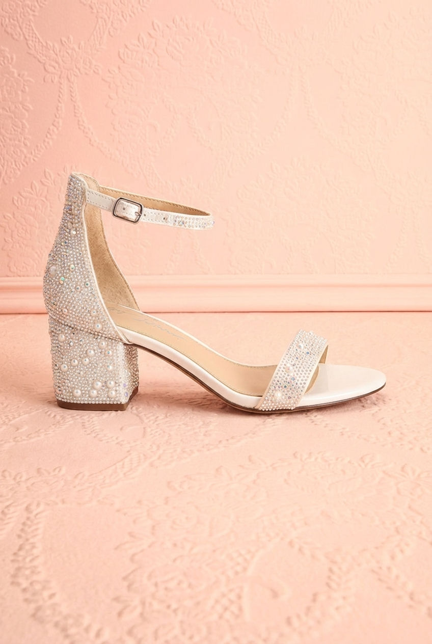 Side view of the White Pearl Embellished Block Heel Sandals Orchidee from Betsey Johnson with a slingback design at boutique 1861