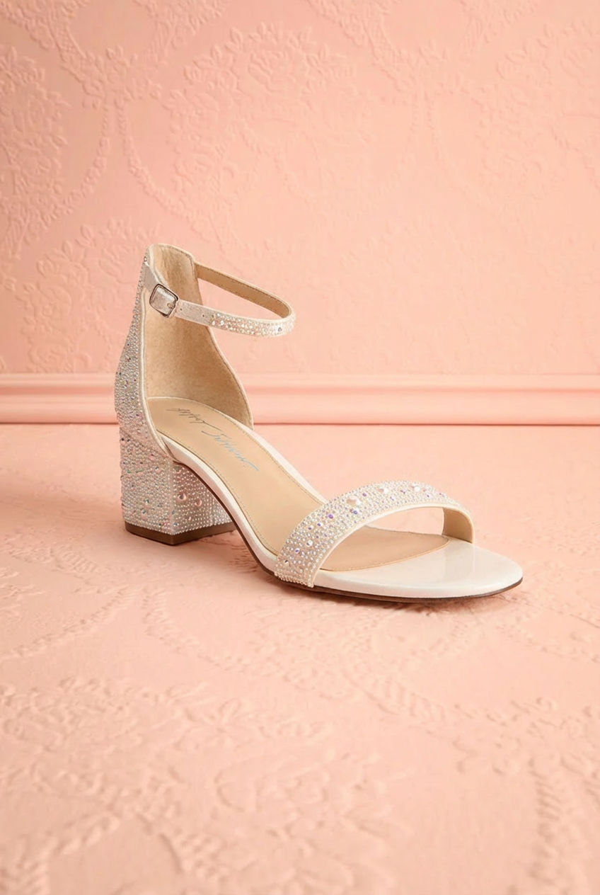 profile view of the White Pearl Embellished Block Heel Sandals Orchidee from Betsey Johnson with a slingback design at boutique 1861