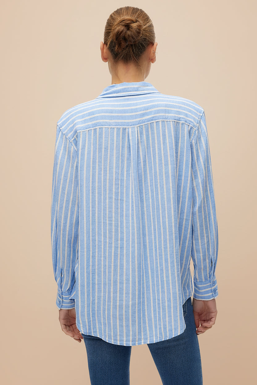 back of a woman wearing Otranto Blue Oversized Striped Blouse with Long Sleeves from La petite garçonne