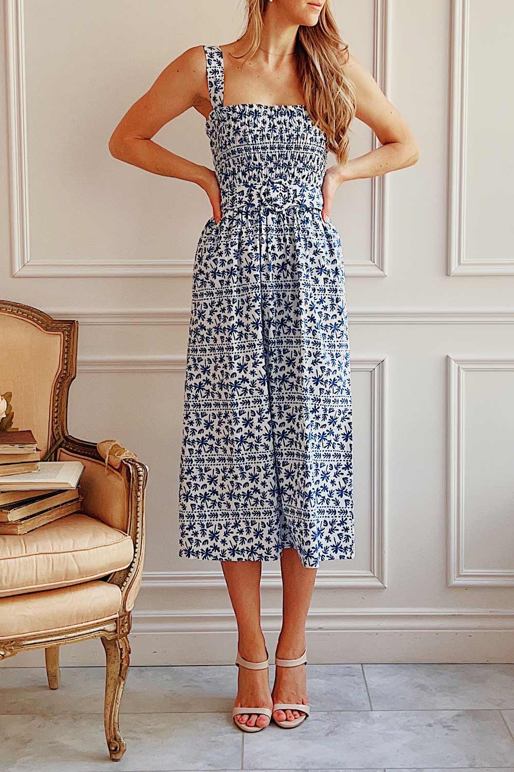 Orbis Midi Patterned Blue Dress w/ Ruched Bust | Boutique 1861 on model
