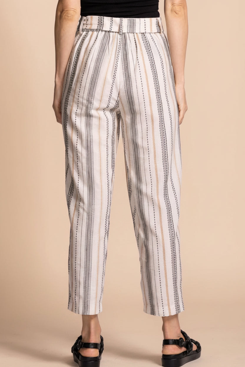 back view of a woman wearing Pistoia Striped Cropped Pants with Fabric Belt from La petite garçonne