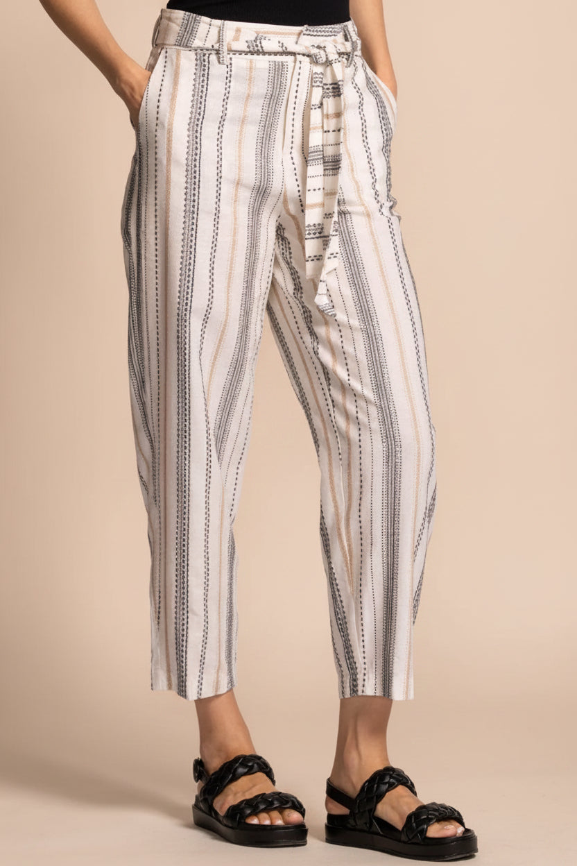 front view of a woman wearing Pistoia Striped Cropped Pants with Fabric Belt from La petite garçonne