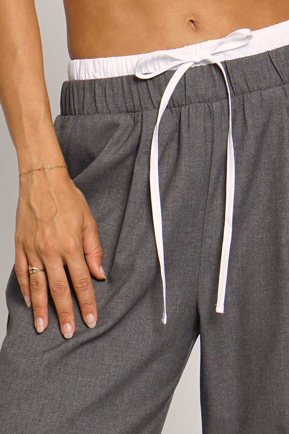 Positano Grey Pants with Double Waistband | La petite garçonne close-up