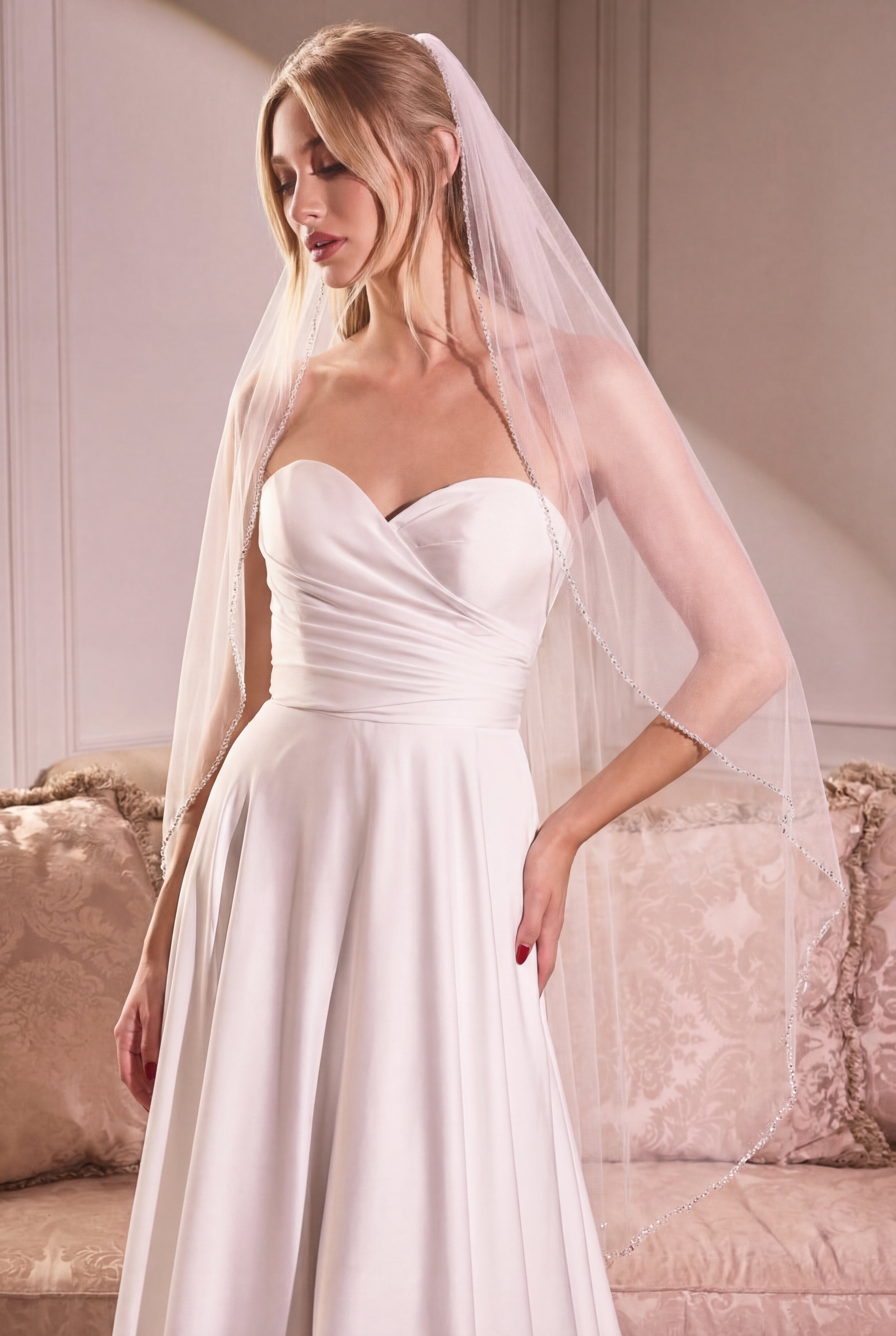 woman wearing Patience Ivory Wedding Veil with Pearls from Boudoir 1861 