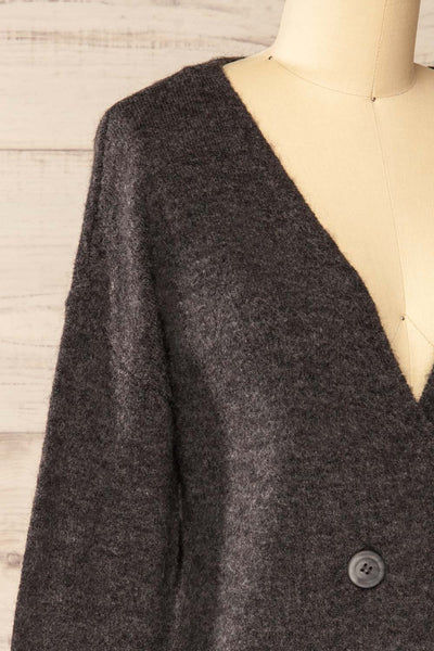 Perceval Grey Double-Breasted Knit Cardigan | La petite garçonne side close-up