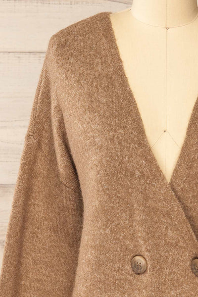 Perceval Taupe Double-Breasted Knit Cardigan | La petite garçonne front close-up