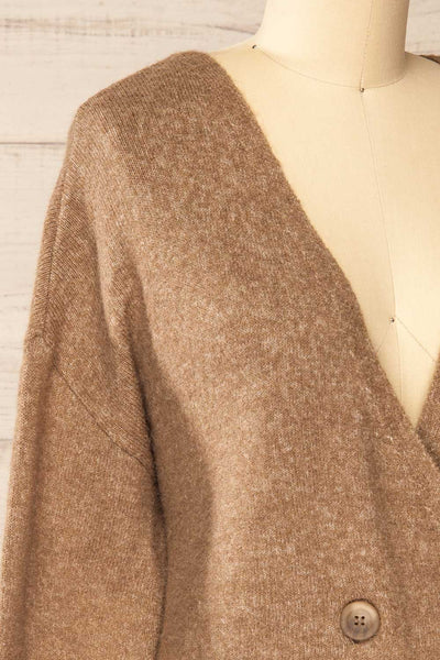 Perceval Taupe Double-Breasted Knit Cardigan | La petite garçonne side close-up