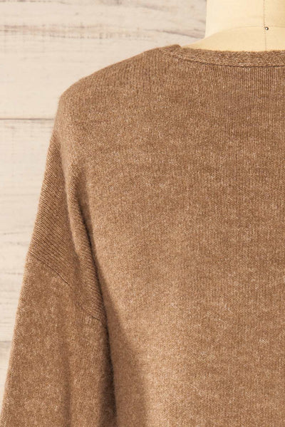 Perceval Taupe Double-Breasted Knit Cardigan | La petite garçonne back close-up