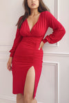 Pessac Red Fitted Midi Dress w/ Long Sleeves | La petite garçonne on model