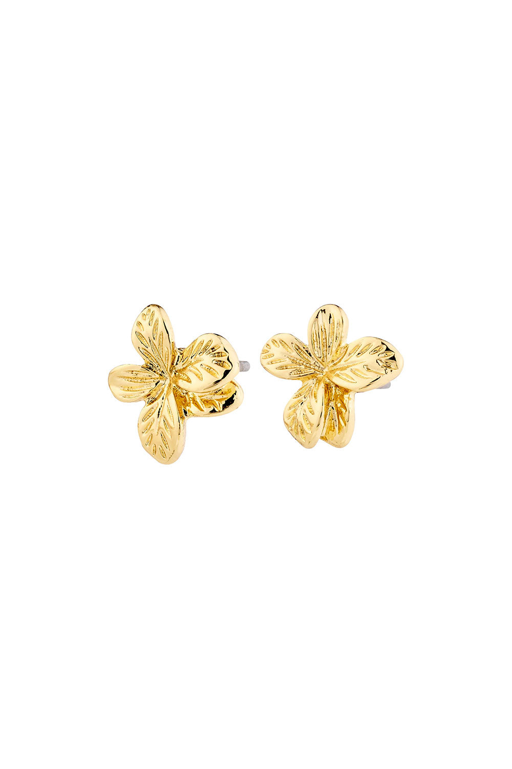 Close-up of Charmaine from Pilgrim, a gold flower earring available at la petite garçonne in Montreal.
