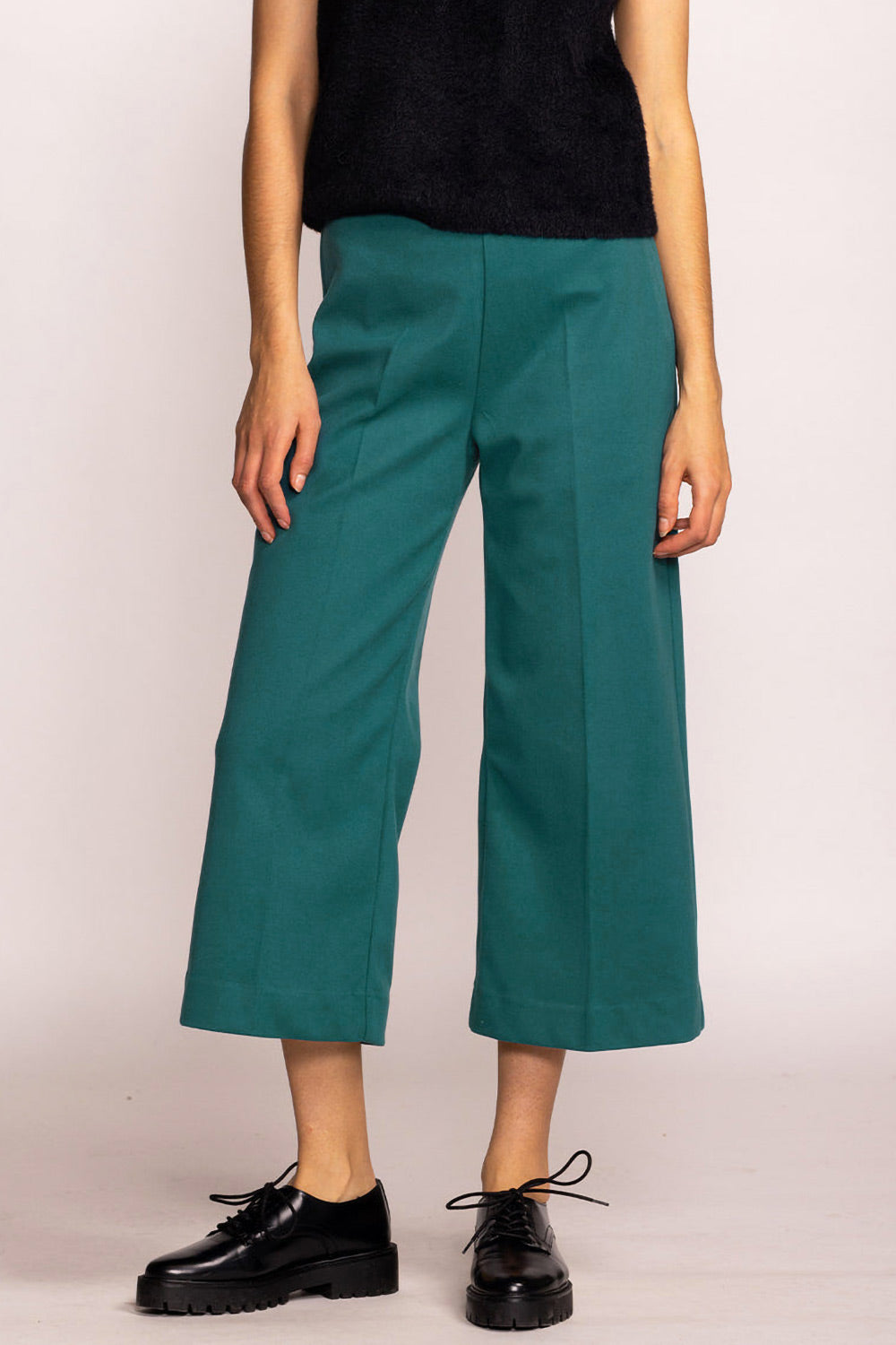 Auckland Teal Felt Wide-Leg Pants | La petite garçonne on model