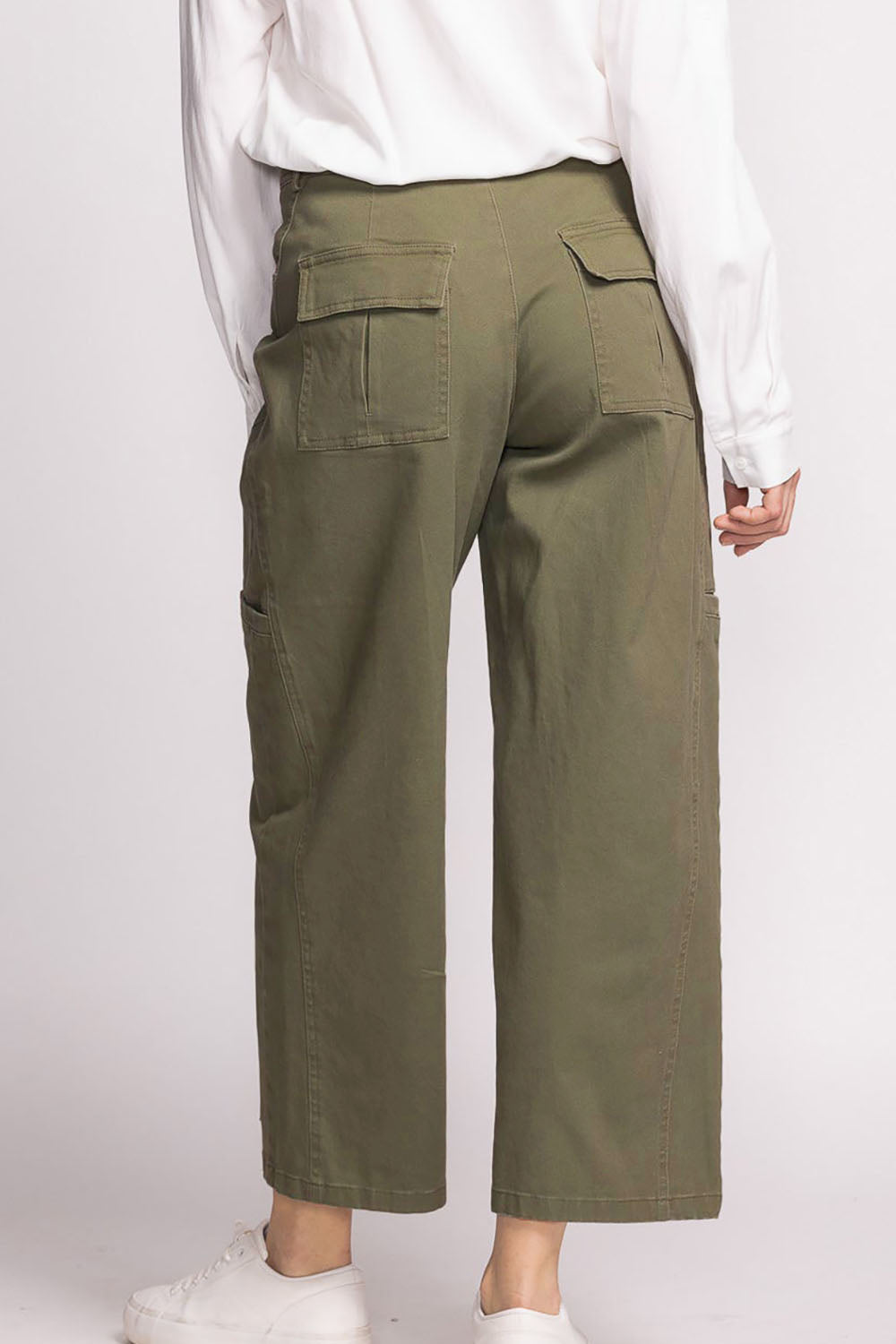 Trax Khaki Mid-Rise Cargo Pants | La petite garçonne model back