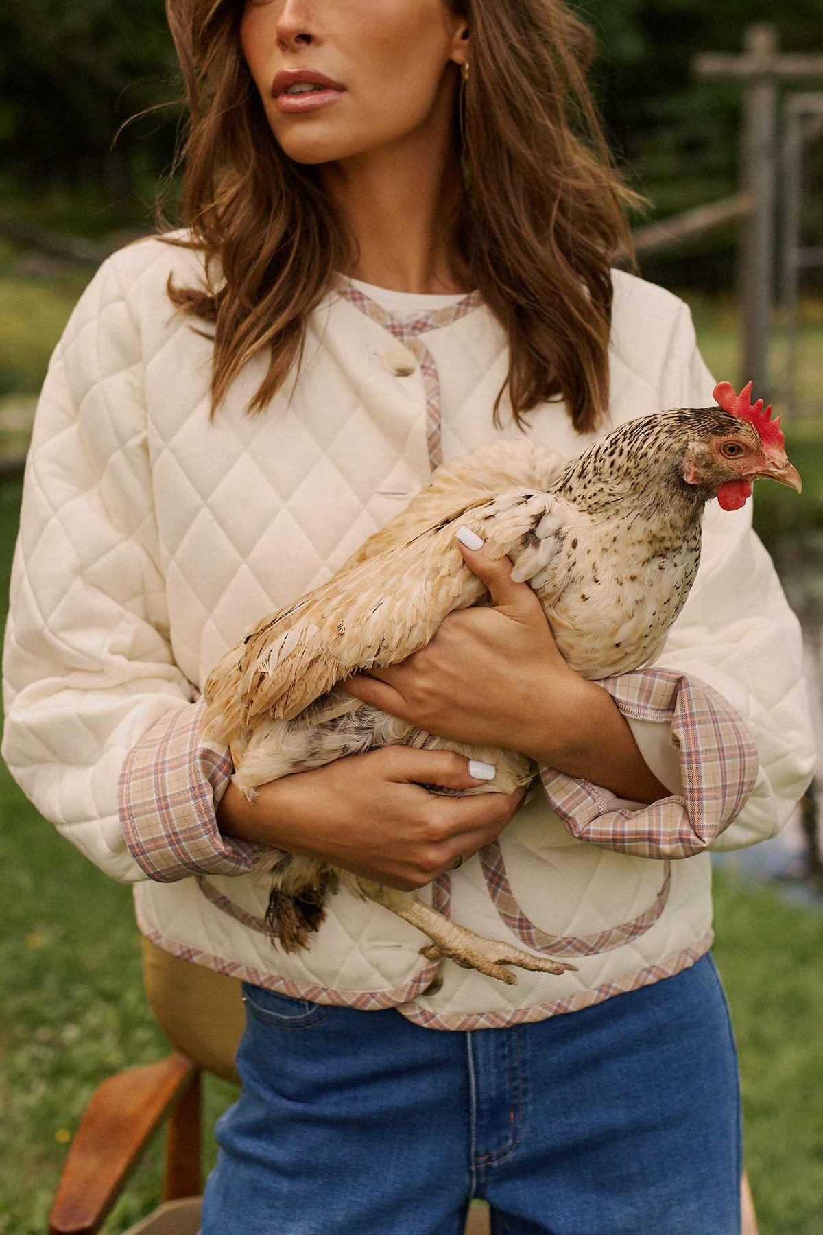 a woman wearing Piper Jacket Ivory Quilted Jacket with Plaid Trim by Dailystory from La petite garçonne