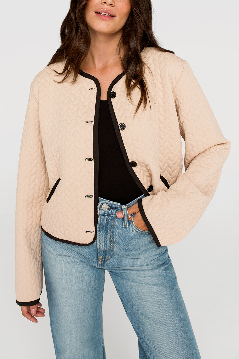 Pise Beige | Quilted Jacket with Black Trim by Dailystory