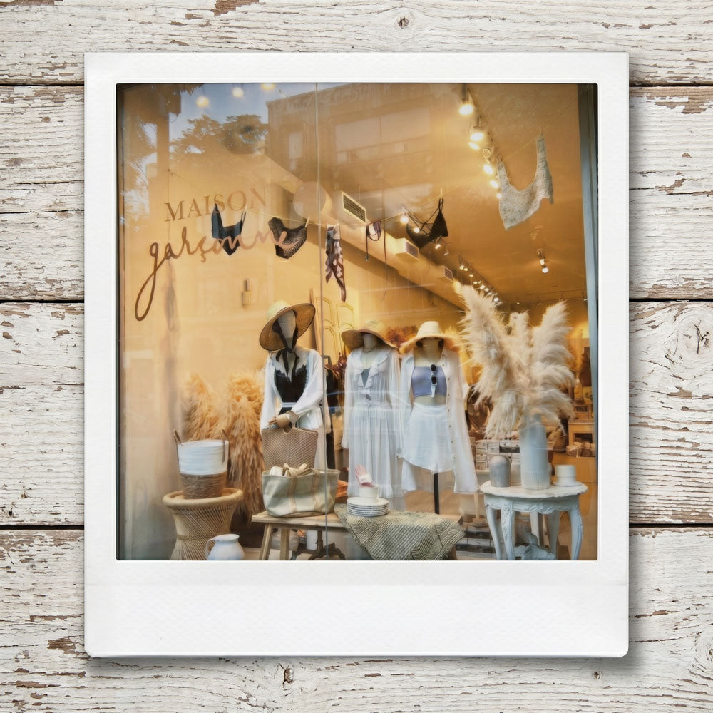 Display window of Maison Garçonne boutique with mannequins wearing hats and dresses.