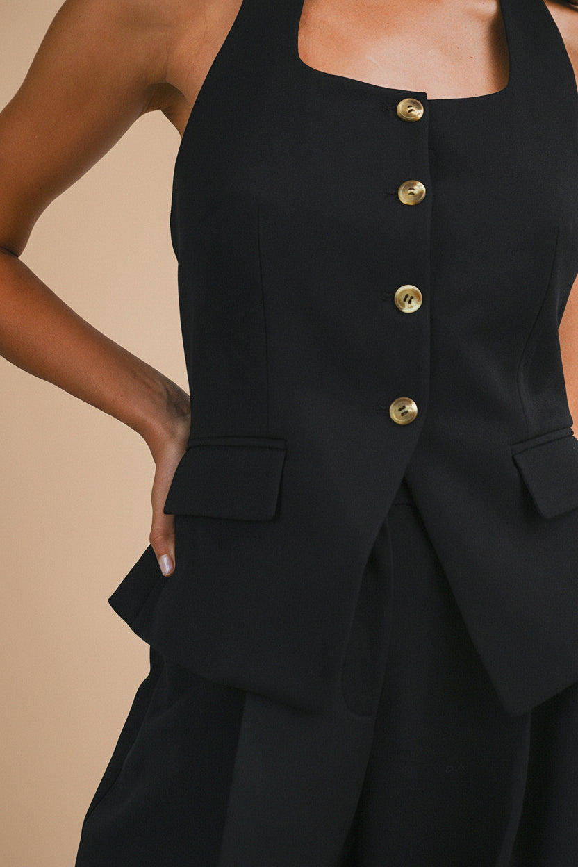 close-up of a woman wearing Raichur Black Structured Halter Top from La petite garçonne