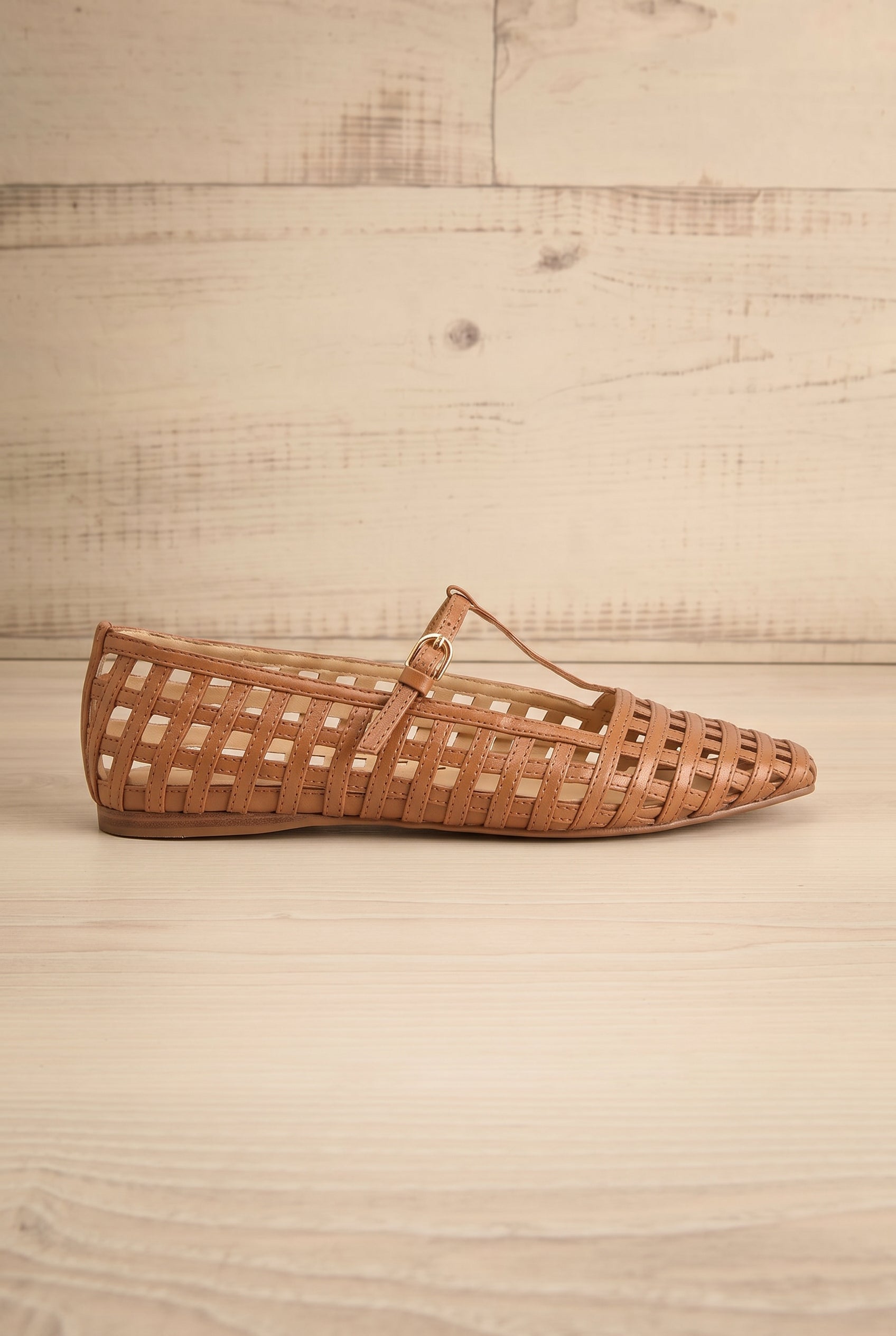 Side view Dolce Vita Rains Brown Woven T-Strap Ballet Flats at la petite garçonne