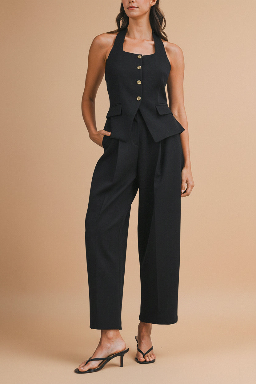 front view of a woman wearing Raipur Black Barrel Legs Tailored Pants from La petite garçonne 