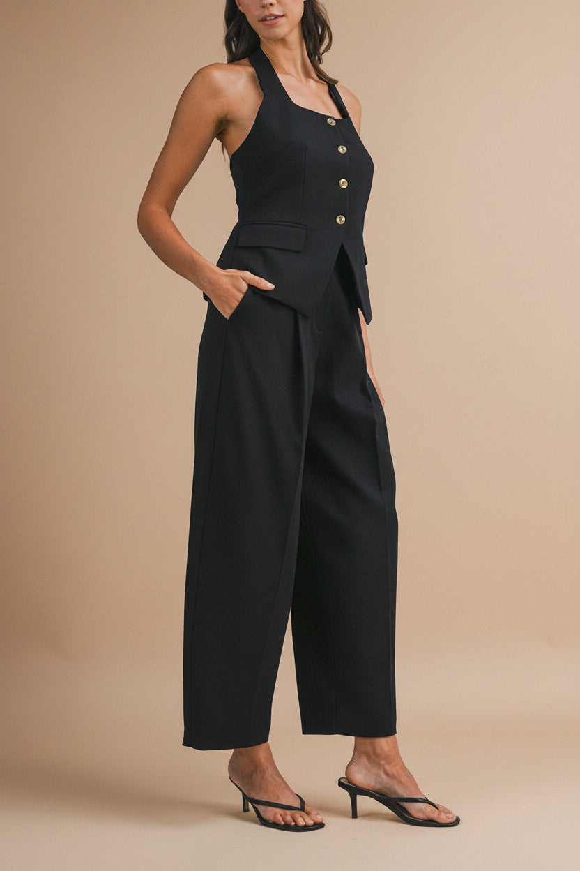 side view of a woman wearing Raipur Black Barrel Legs Tailored Pants from La petite garçonne 