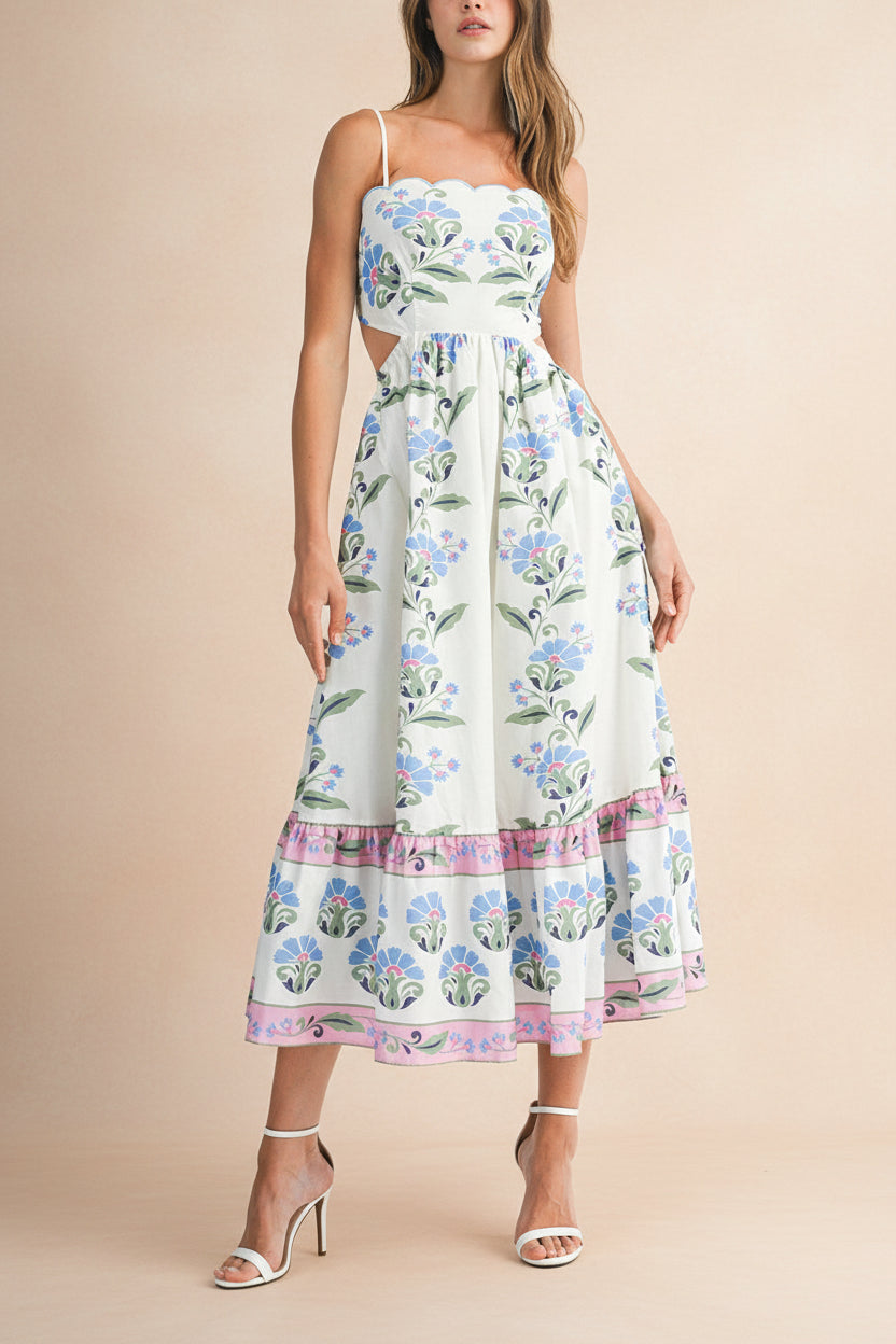front view of a woman wearing Raleigh Floral Midi Dress with Scalloped Neckline from Boutique 1861 