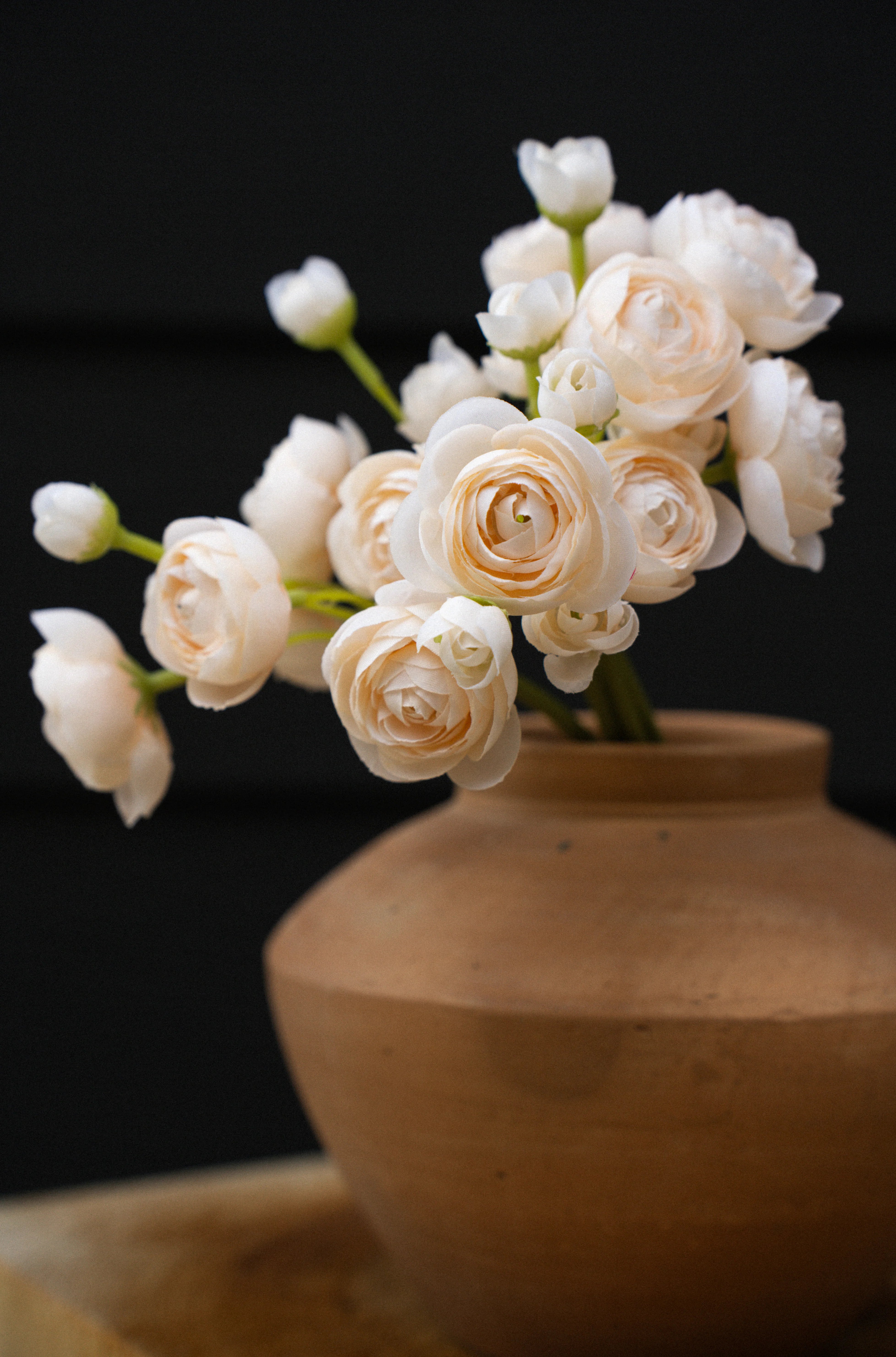 Ivory Ranunculus Bouquet flowers in a terracotta pot against a dark background